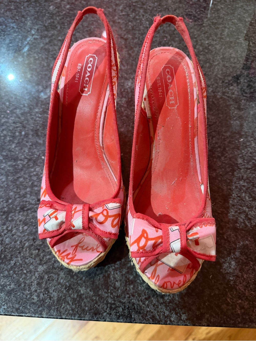 Coach Pink and Red Canvas Bow Espadrille Slingbacks